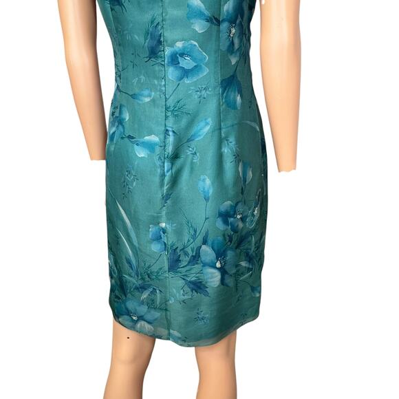 Vintage 90s Liz Claiborne 100% Silk Chiffon Dress Sz 6P Teal Floral Embellished - Picture 13 of 16